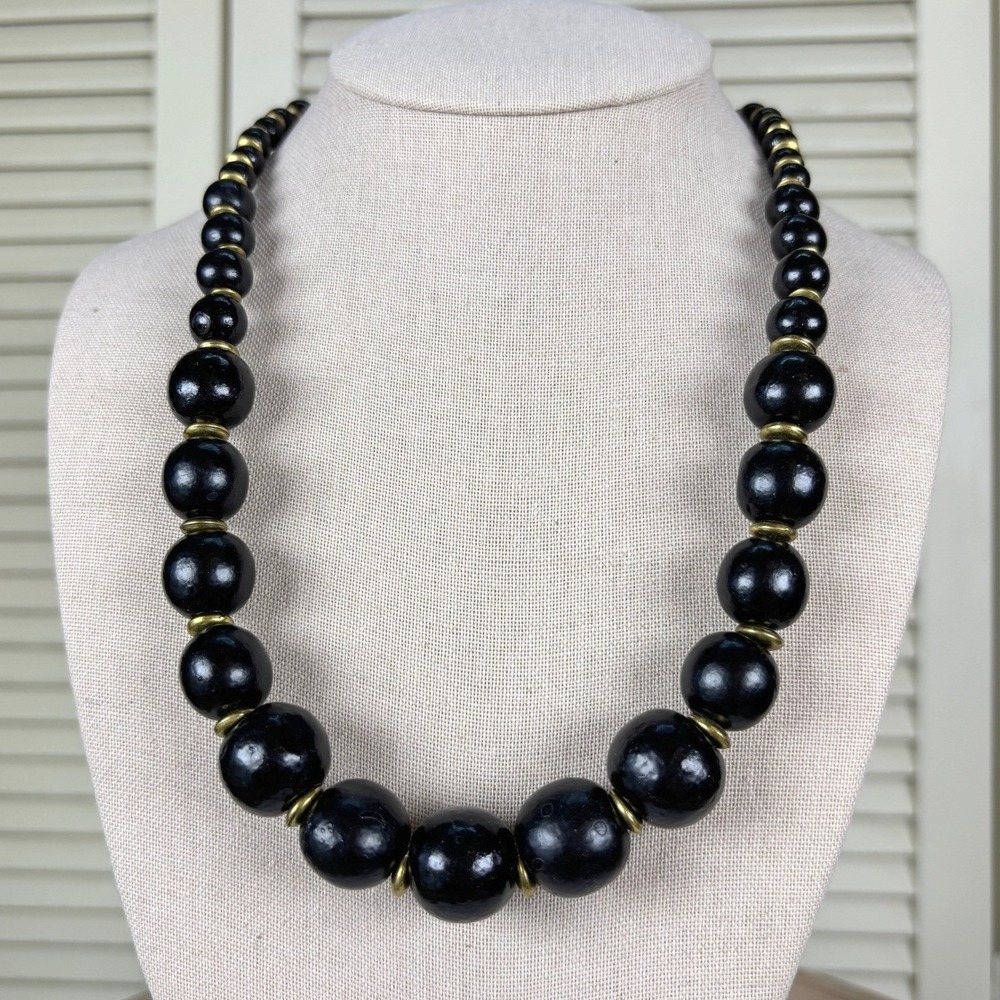 Vintage Black Wood Graduated Bead Necklace Gold Metal Spacers 1980s Statement